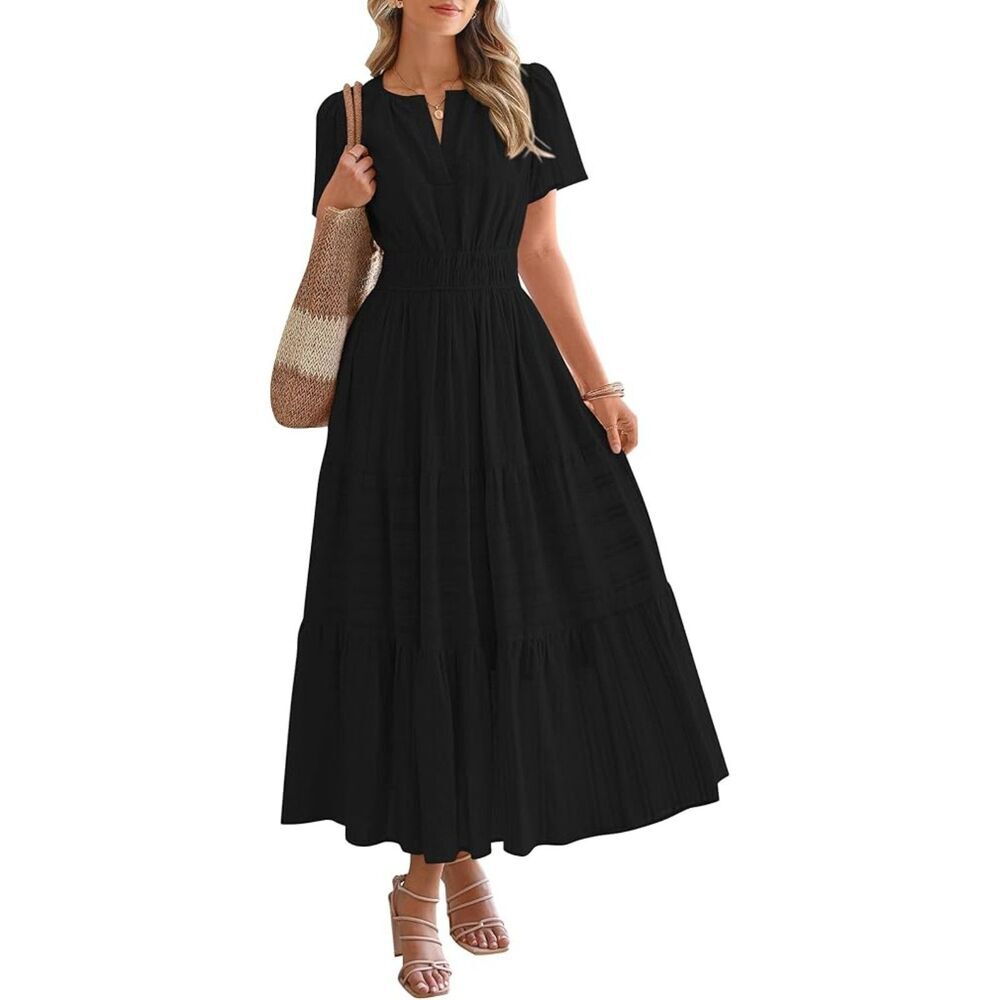 Women's Black V Neck Short Sleeve A Line Summer Casual Maxi Dress Pockets
